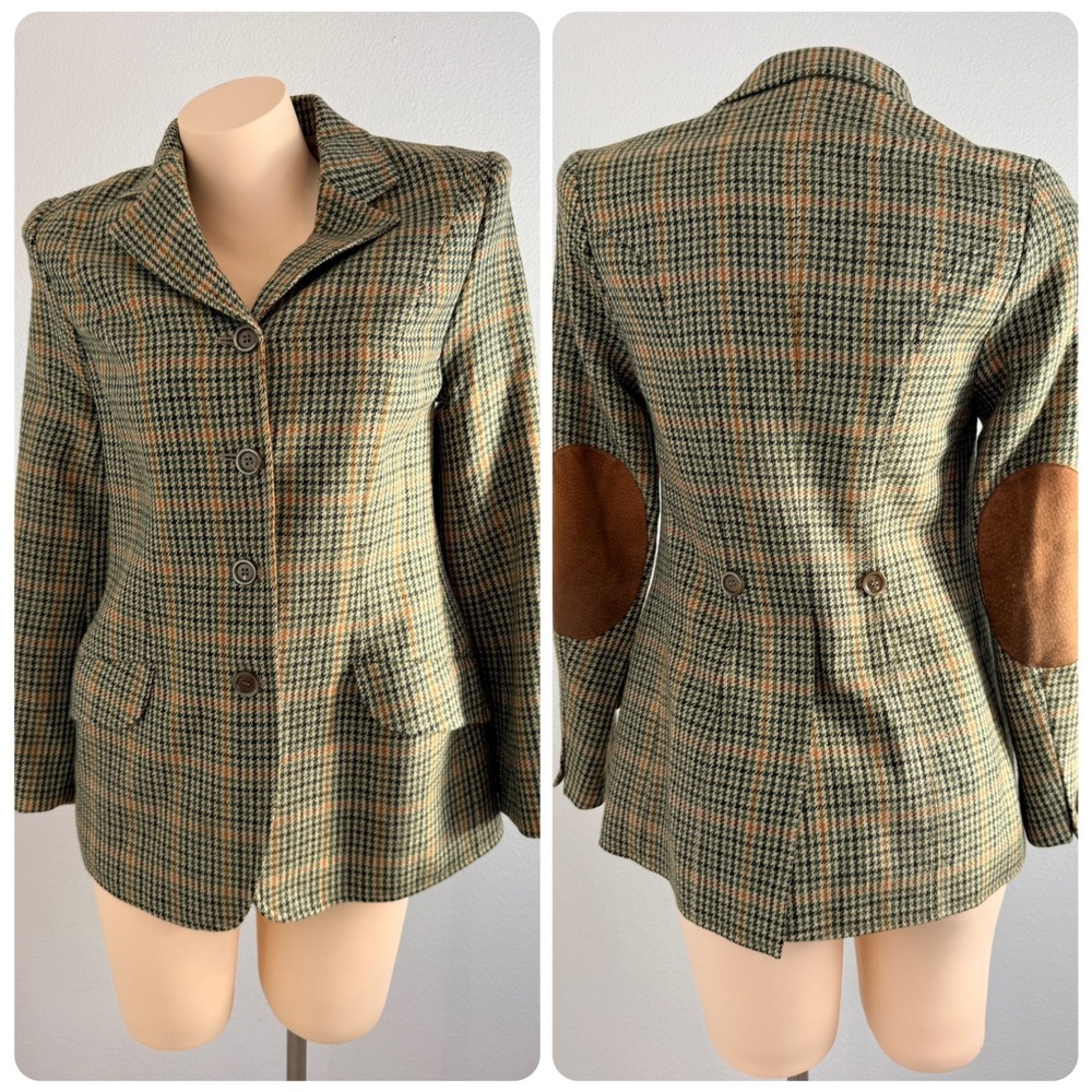 Sisley Dark Academia Equestrian Green Plaid Pure Virgin Wool Blazer S Italy